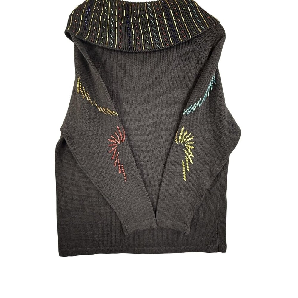 Chelsea Way Sweater Women Medium Black Embroidered Cowl Neck Pullover Tribal Art - Picture 7 of 12